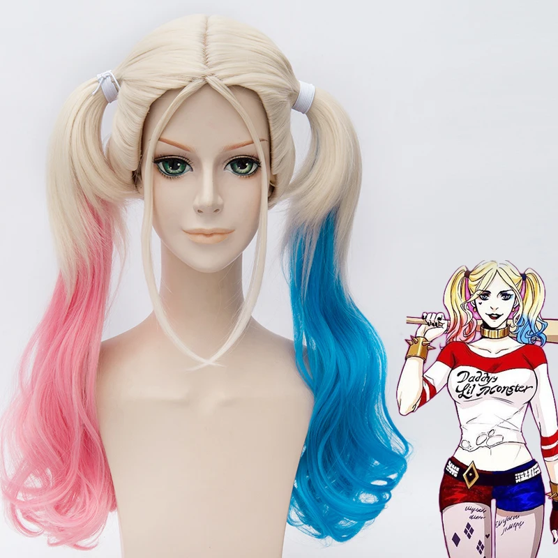 Batman Harley Quinn Cosplay Wigs Gold Blonde Curly Medium Ponytail