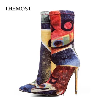 

2019 Europe and the United States fashion pointed heel elastic boots large size print female flower boots