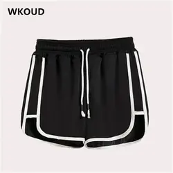 WKOUD конфеты Цвета летние шорты Для женщин Side Striped Лоскутные шорты Высокая талия трусы на верёвочках Повседневное плавки DK6005