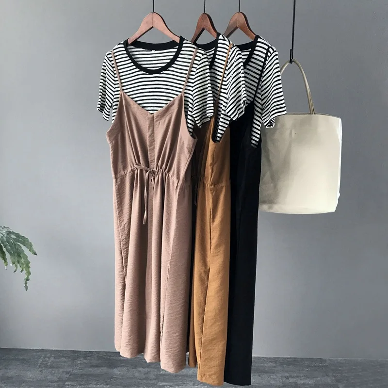 2017 do verão da mulher duas peças conjuntos de vestido preto moda curto camisas listradas de manga longa sólida café ocasional vestido de cintura elástica