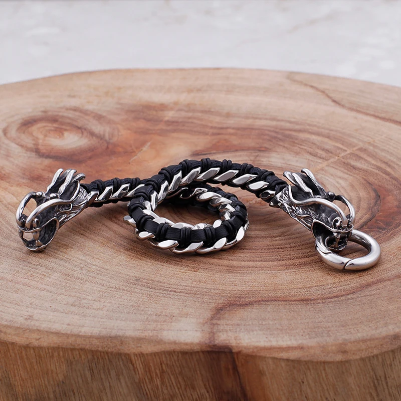 Fongten Dragon Stainless Steel Metal Viking Screw Leather Men Bracelet Jewelry