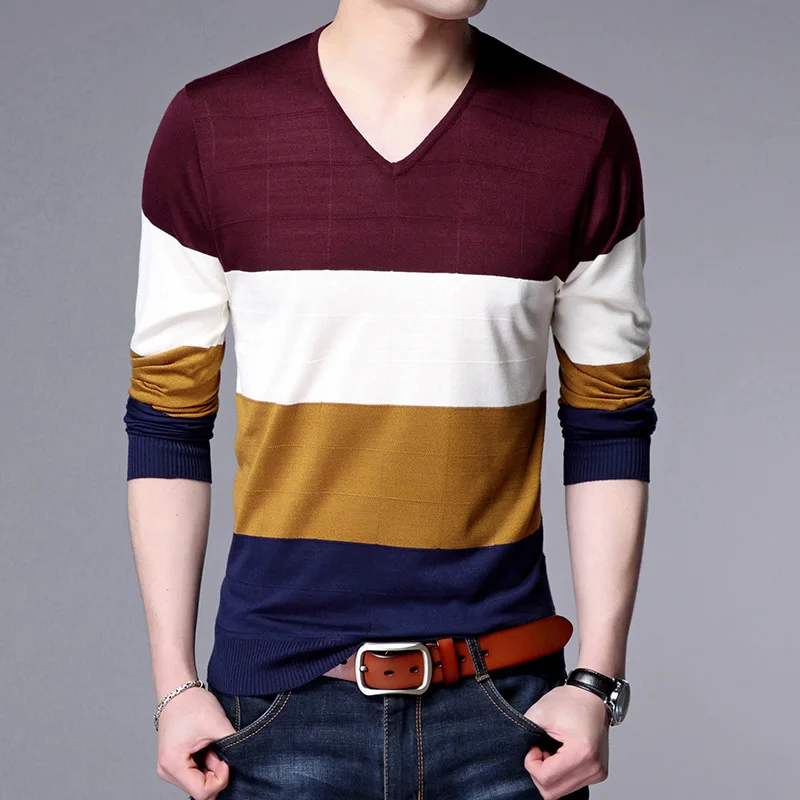 2017 autumn new font b men s b font long sleeves V neck striped font b