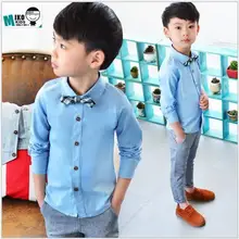 Skyblue Детская рубашка Футболка из хлопка с длинными рукавами тонкий для маленьких мальчиков нежный рубашка 2 до 8 лет, хорошее качество с бабочкой