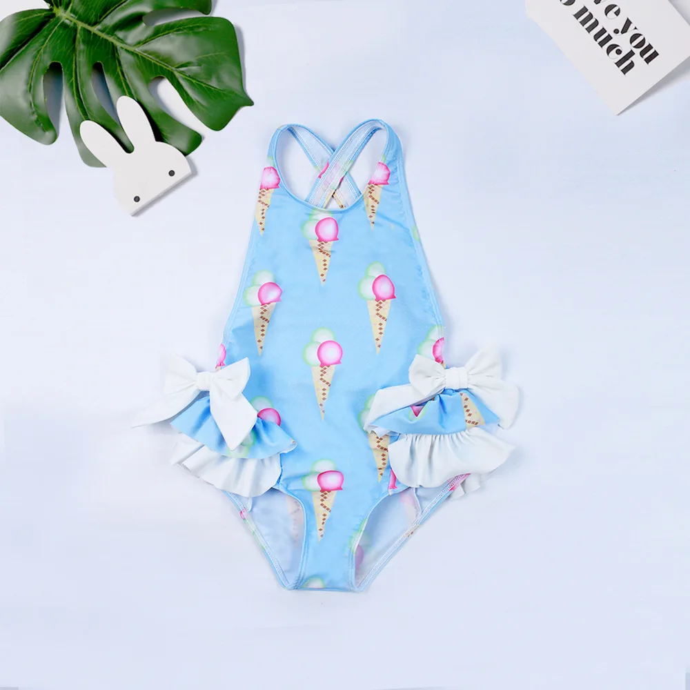 

Child Girls Ruffle Bow One Piece Suit Ice Cream Print Swimwear Kids Lovely Upgraded Elastic Beachwear Pool SPA Swimsuit S91012X