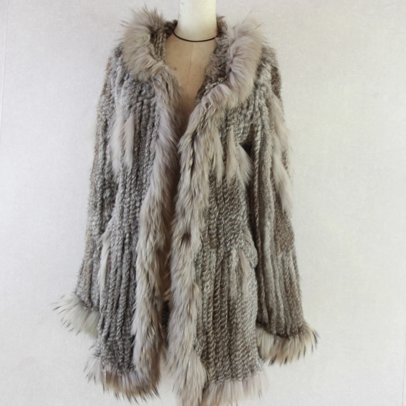 Женское вязаное Пальто меховое из натурального кроличьего меха, одежда и воротник из енота с капюшоном, вязаная длинная куртка из меха енота