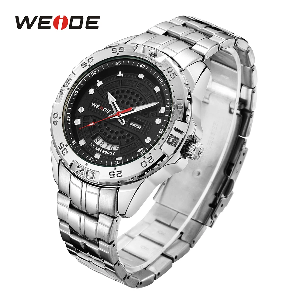

WEIDE Fashion Mens Sports Solar Energy Analog Week Display Water Resistant Stainless Steel Strap Black dial WristWatches