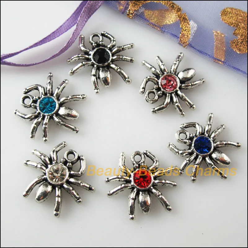 Модные 12 шт. тибетского серебра стекло кристалл смешанные украшение с пауком Подвески 17x19 мм