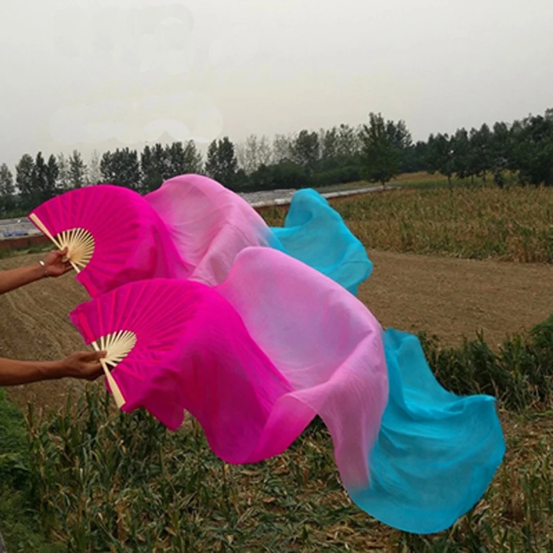 

New 1pair/2pcs (L+R) long belly dancing pure silk Fan Veils Chinese Bamboo ribs foldable gradient color Fans Veil for Dancers