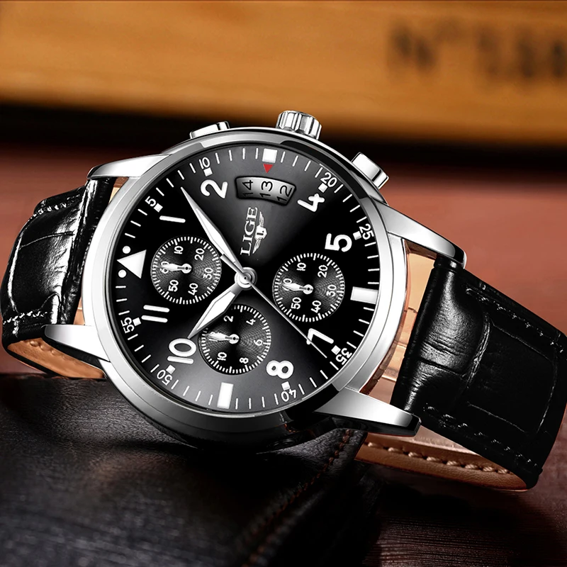 

LIGE Original Brand Fashion Men's Watch Casual leather Quartz Watch Men Waterproof Wrist watch Military Clock relogio masculino