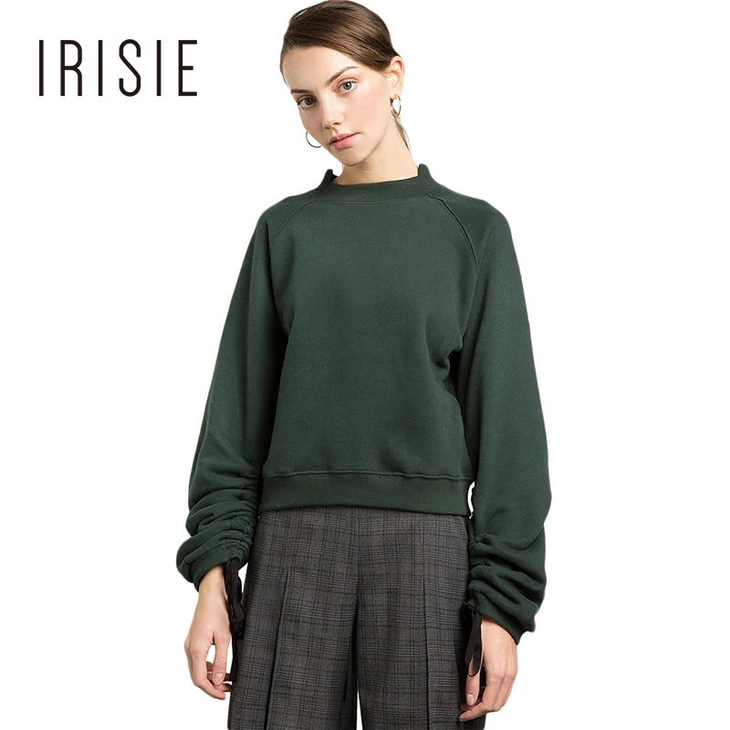 IRISIE Brand Women Solid Green Ruched Tie Long Sleeve