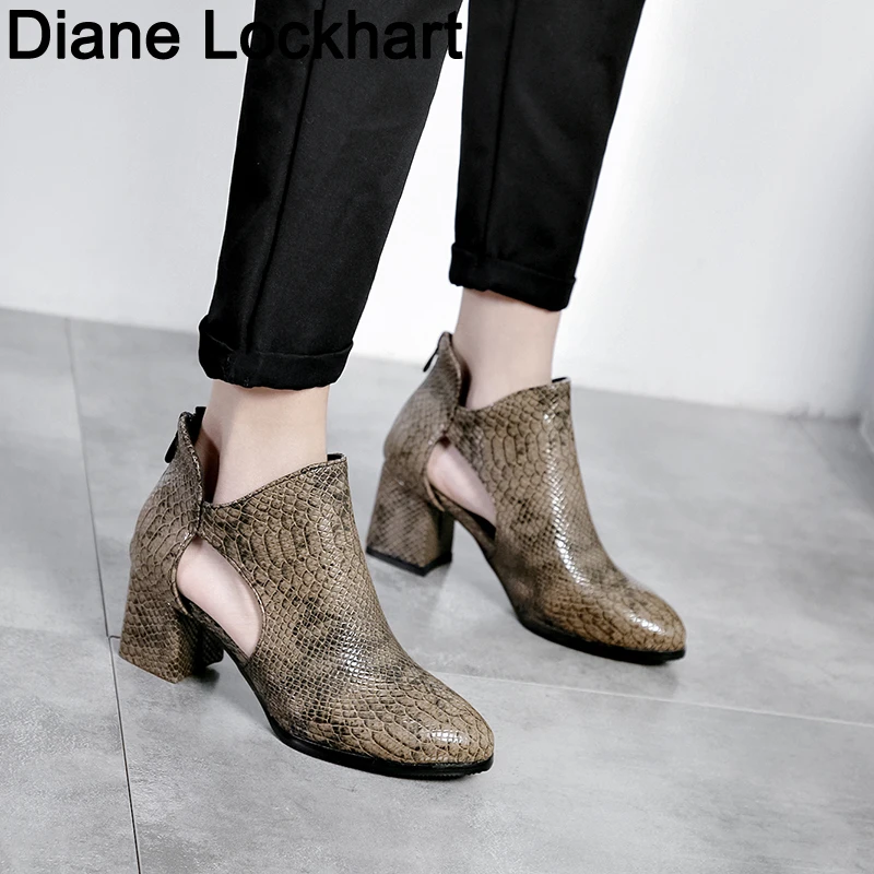 

Spring Autumn Women Shoes Retro High Heel Ankle Boots Female Block Mid Heels Casual Snake Botas Mujer Booties Feminina Size 43