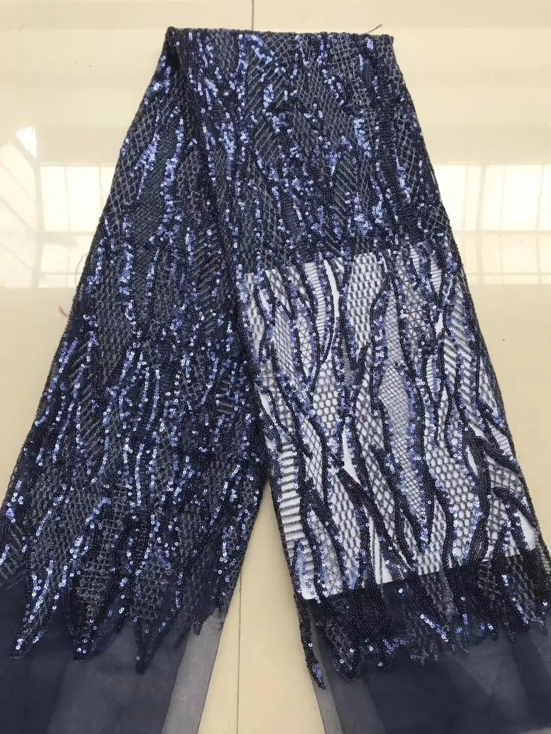 

French lace fabric 5yds/pce navy blue sequins mesh fabrics women gorgeous luxury party event show bright dress 2019 new