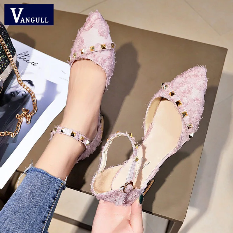 

Vangull New Women Shoes Ankle Wrap Summer Sandals Feather Rivet Casual Footwear Pointed Toe Elegant Low Heels Party Wedding Shoe