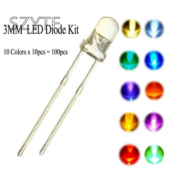 

100pcs (10 colors x 10pcs) 3mm LED Diode 3 mm 3V Assorted Kit Clear Warm White Green Red Blue UV DIY Light Emitting Diode 20mA