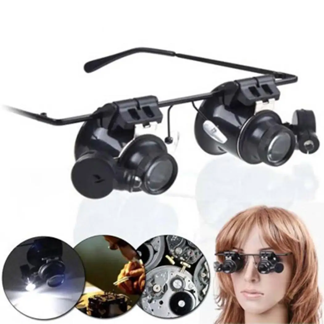 

Headband Double Eye Magnifier Glasses with LED Light Jeweler Watch 20X Repair 4 x CR1620 (included) Tool