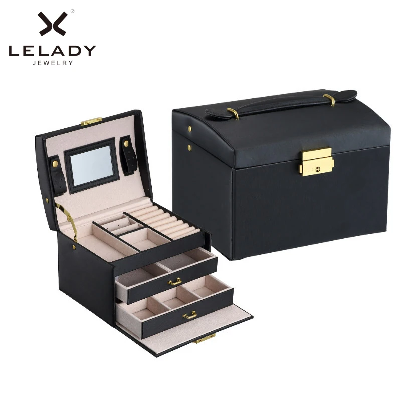 Big Jewelry Box Multifunction Three Layers Large Capacity Leather