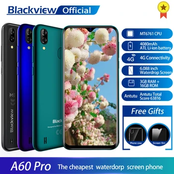 Перейти на Алиэкспресс и купить Сотовый телефон Blackview A60 Pro, MTK6761 четыре ядра, Android 9.0, 4080 мАч, 3 ГБ+16 ГБ экран Waterdrop, сканер лица, мобильный телефон с 4G