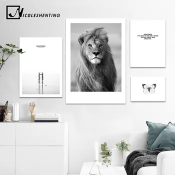 

NICOLESHENTING Animal Lion Black White Canvas Poster Nordic Style Sea Forest Landscape Wall Art Print Picture for Living Room
