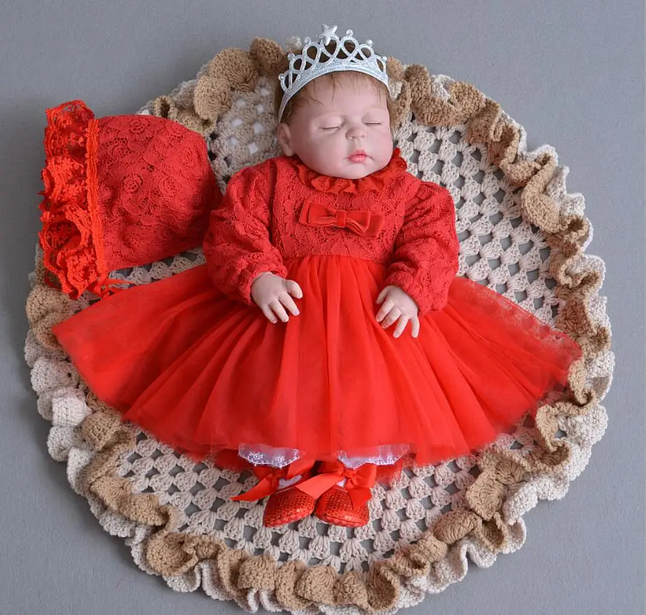 3 шт. комплект платье на крещение для маленьких девочек красный младенческой платье на крестины для девочек кружева Серебряная Корона оголовье вышивка шляпа 0-24Months - Цвет: Красный