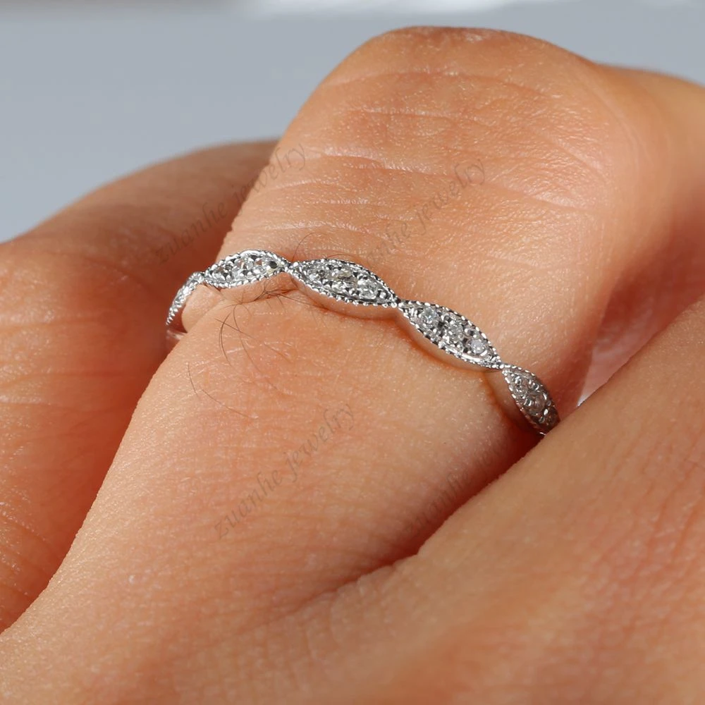Full Eternity Milgrain Women Diamonds Ring Solid 10K White Gold Wedding Band Fine Jewelry
