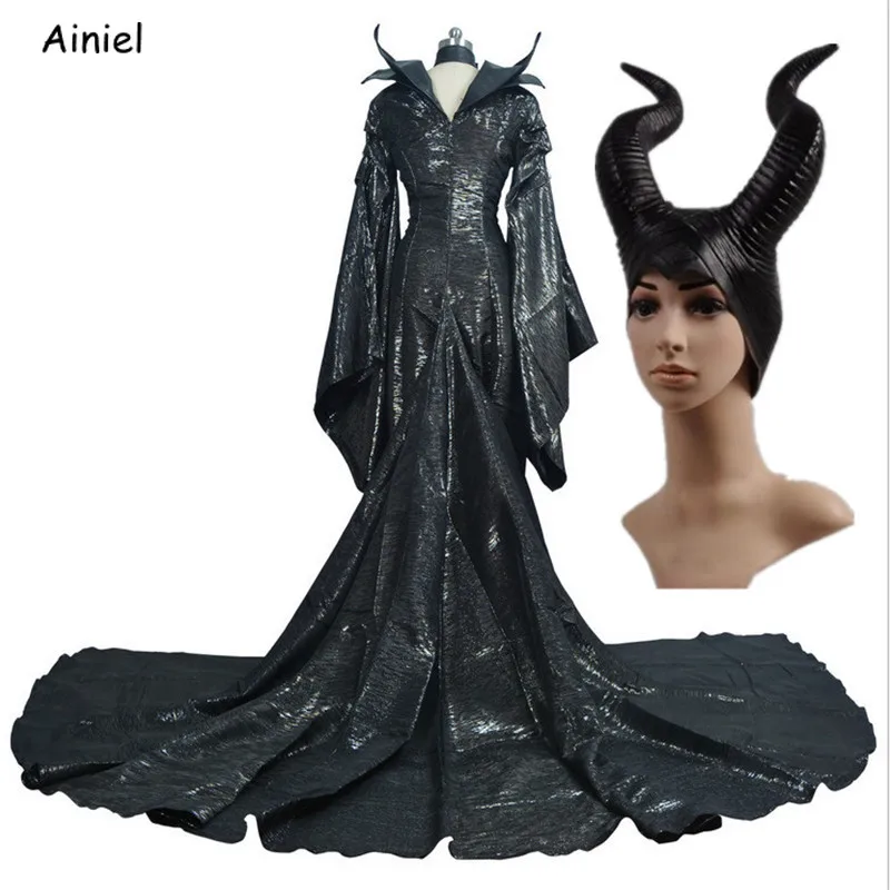 

High Quality Custom Made Dark Witch Maleficent Horns Headwear Mask Adult Women Maleficent Dress Halloween Party Cosplay Costume
