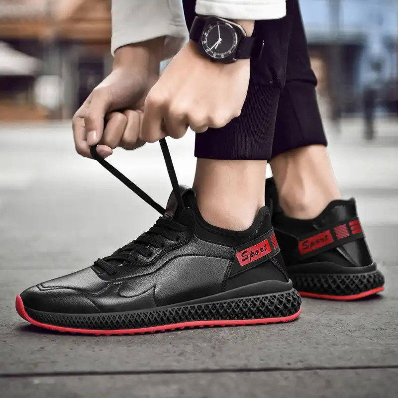 Surom Leather Sneakers Men Breathable Lace Up Black Flats Fashion