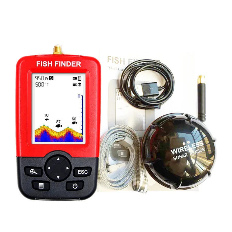 المحمولة السمك مكتشف السونار أسلم السونار fishfinder إنذار 100 متر الصيد اللاسلكية مع عرض الانجليزية