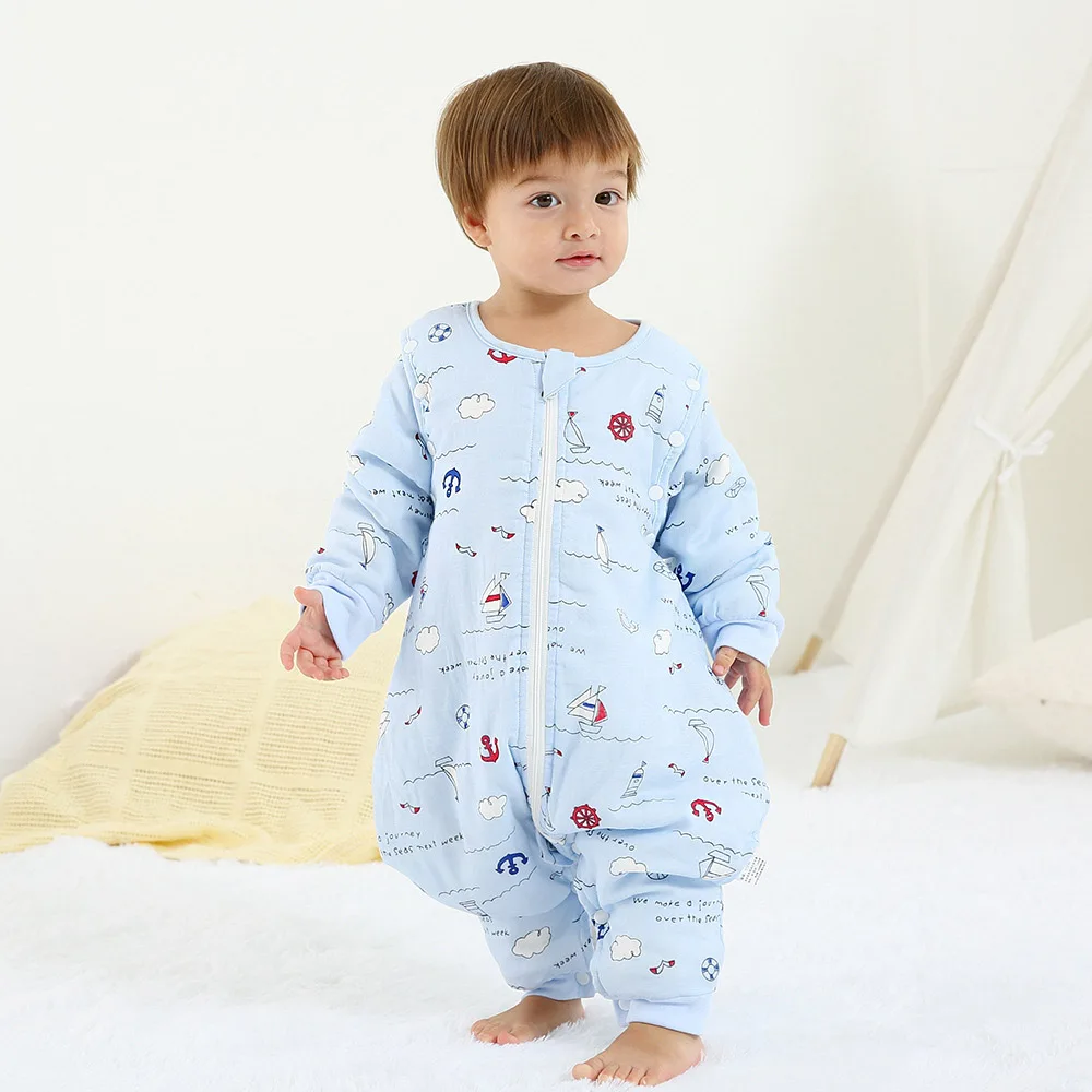 Split Leg Design Baby Sleeping Bag Long Detachable Sleeves Warm Sleeping Bags Sack Thick Winter Autumn Toddler Anti-kick Pajama - Цвет: blue ship