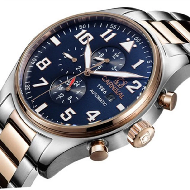

Carnival Brand Mechanical Watch Men Pilot'S Military Double Calendar Multi-Function Clock Luminous Full Stainless Steel Business