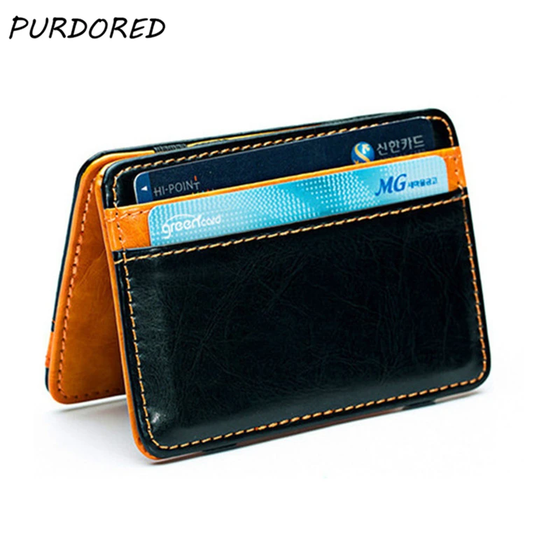 

PURDORED 1 pc Unisex Mini Magic Card Holder Leather Men Card Holder Wallet Money Clip Travel Credit Card Purse Dropshipping