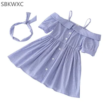 

Wholesale 5pcs/lot Baby Girls Dresses 2018 Striped Shoulderless Girls Casual Dress Kids Clothes with Hairband 2-6T