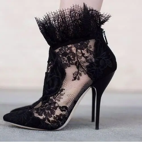 

2019 Sexy Black Embellished Floral Lace Women Ankle Boots Point Toe Cuts-out High Heel Gladiator Spring/Autumn Boots Shoes Woman