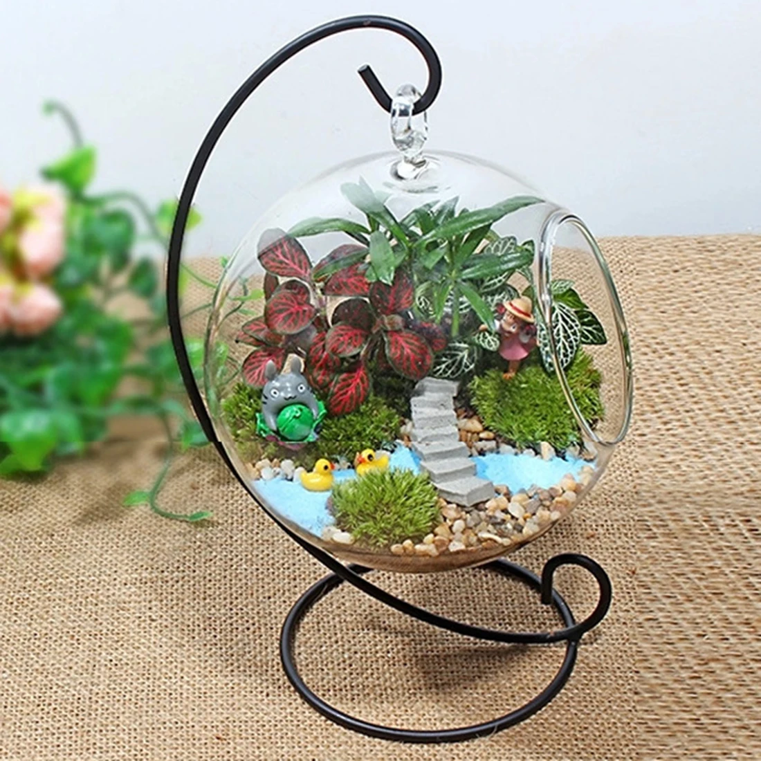 VICTMAX Small Hanging Baskets Bonsai Microlandschaft Iron Shelf Glass