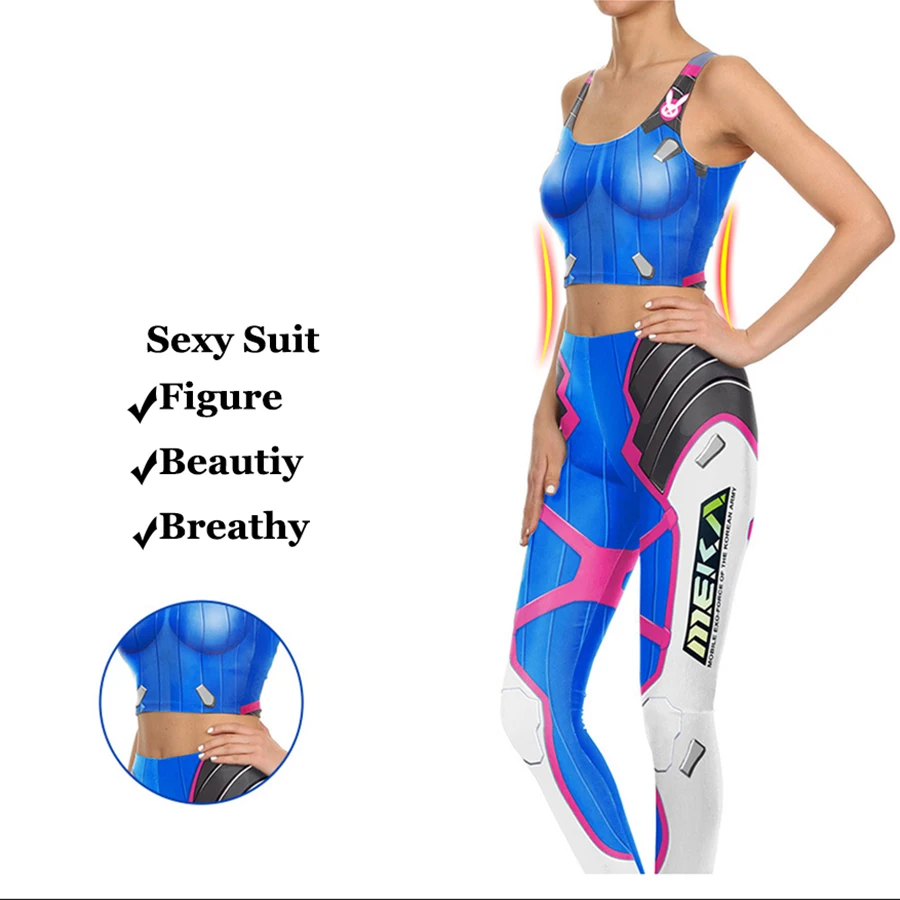 Koop Hot Game Horloge Over D. VA Cosplay Kostuum Kits Games Tops en Broek 3d Print Leggings DVA Kleding Cusual Zomer Strakke Bodysuit