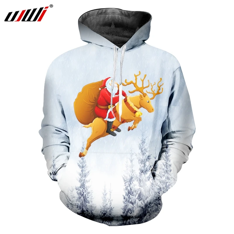 

UJWI Christmas Mens Snow Mountain Hoodies 3D Printed Santa Claus And Elk Chinese Style New Arrivals Pullover