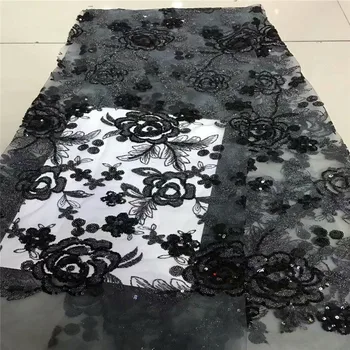 

High quality African net lace fabric with advanced Sequins black Color guipure lace fabric 2019 New Nigeria tulle lace fabric