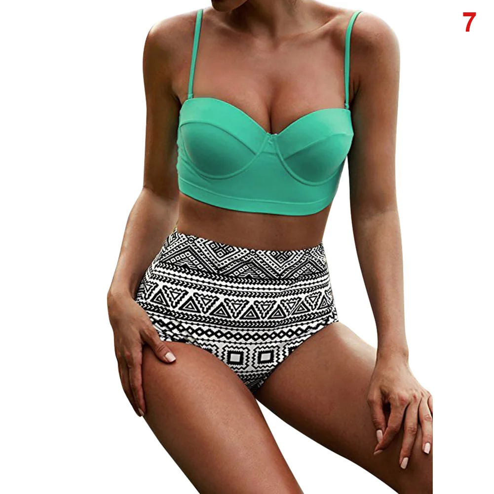 

Newly Women Bikini Suit Tops with Pants High Waist Slim Fit Strappy Swimsuit for Summer BF88