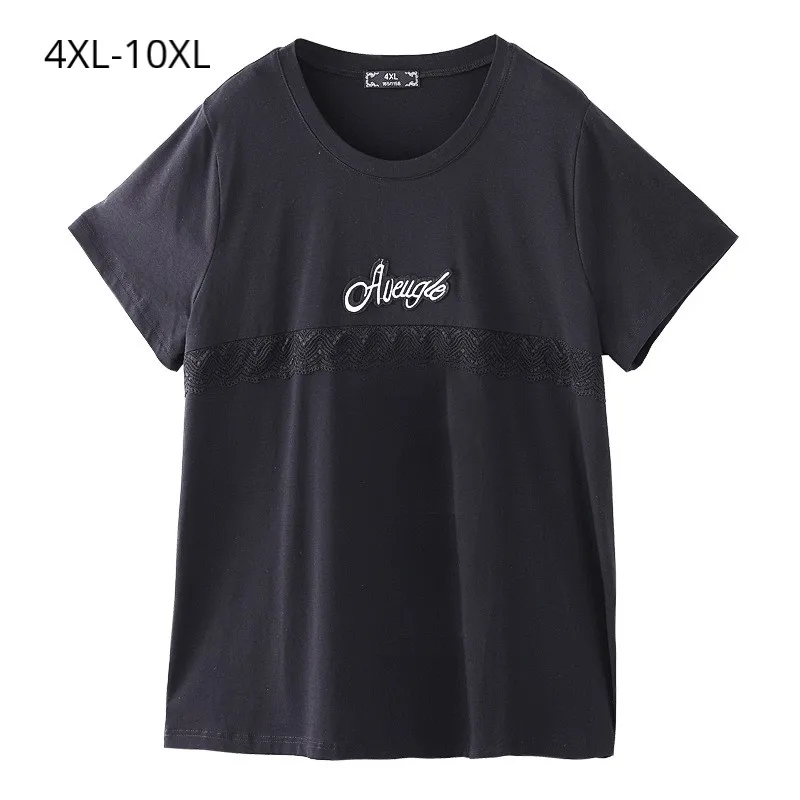 

Plus Size 10XL 8XL 6XL 4XL Women Short Sleeve Summer T Shirts Female Black Cotton Blend Lace Patchwork Basic Tops Cute T Shirt