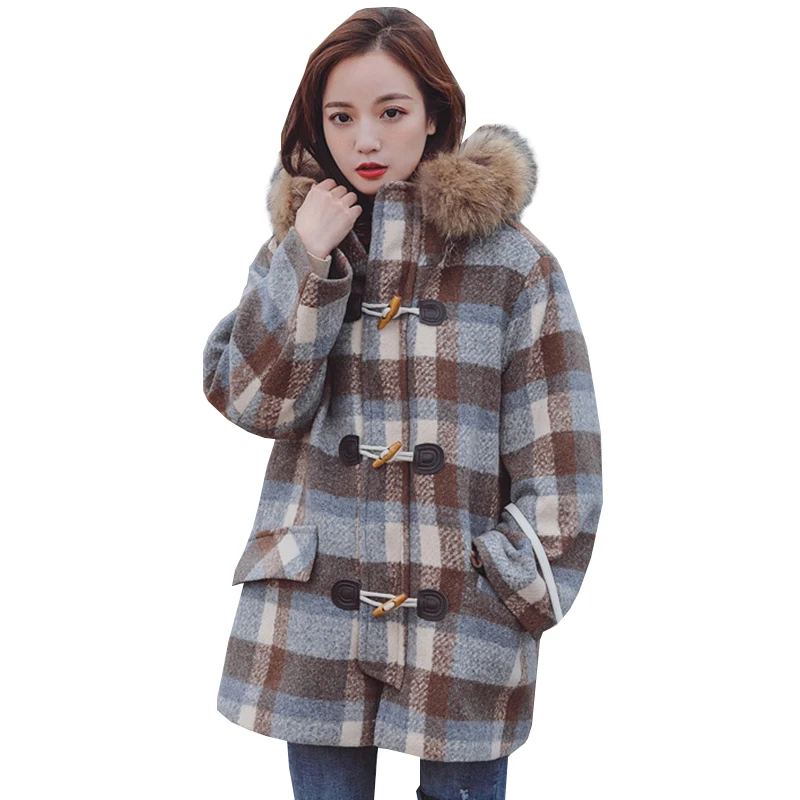 

Real Big Fur Collar Thick coat female Windbreaker Women Winter Wool Plus size Lattice Jacket Horn Button Loose Long Overcoat H09