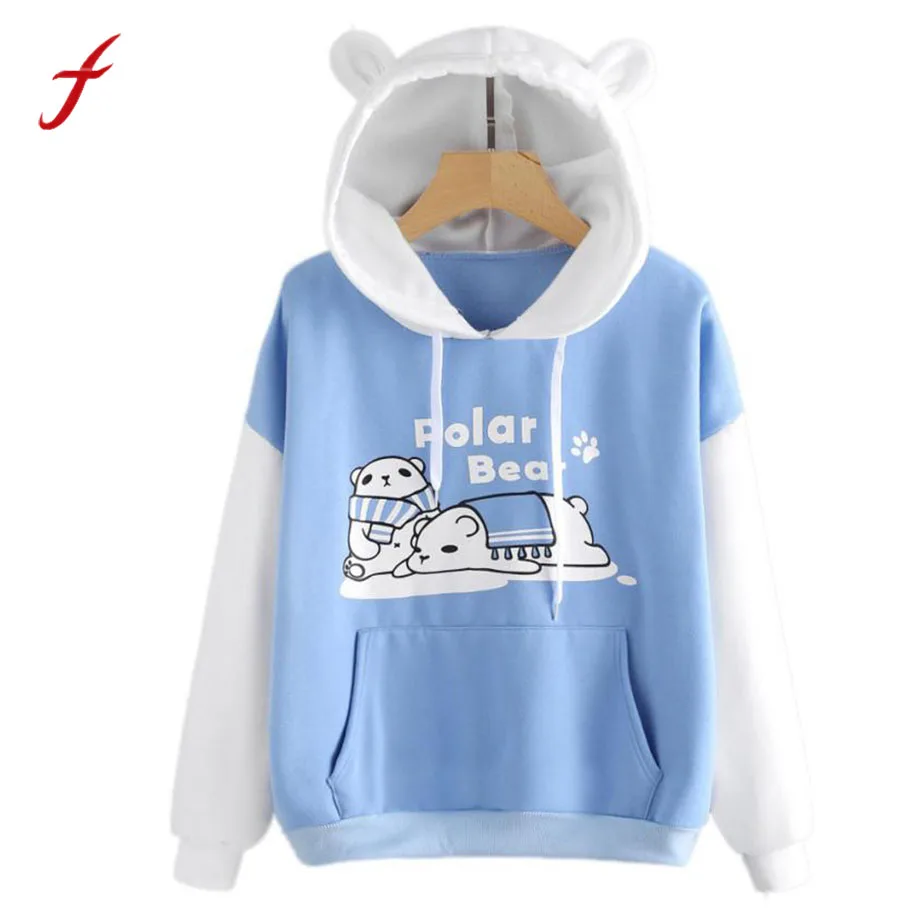 

2018 feitong kawaii Lovely Polar Bear Ear Letter Splice Sweatshirt Animal Cute Print Kangaroo Pocket Hoodie with Pocket