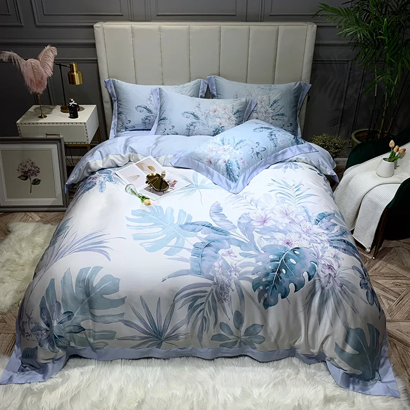 

Tencel silk Bed sheets Ultra Soft Tencel Fiber Summer Bed set Duvet cover Leaf Flower print Bedding set Queen King size
