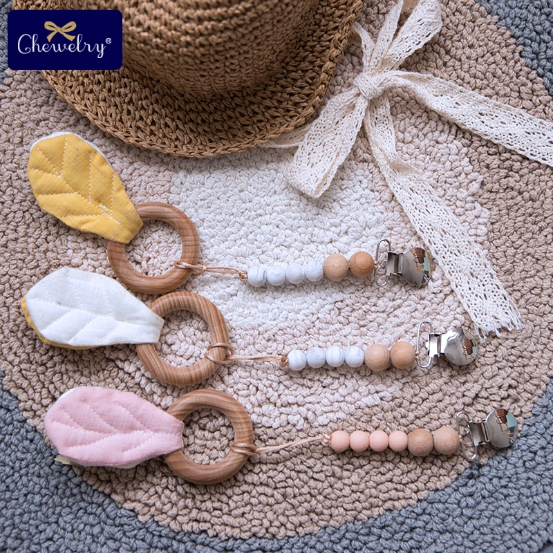 

1pc Baby Wooden Teether Rabbit Ears Pacifier Clip Chain Beech Ring Food Grade Perle Silicone Bead Teething Nursing Soother Clasp