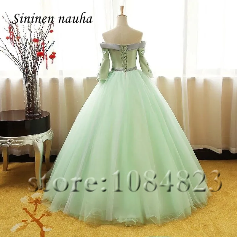 Мятные платья для Quinceanera с рукавом платье выпусквечерние вечера длинное бальное