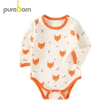 Pureborn/боди для новорожденных мальчиков и девочек; хлопковая одежда с длинными рукавами и рисунком лисы; сезон весна-лето; цельнокроеная одежда для малышей