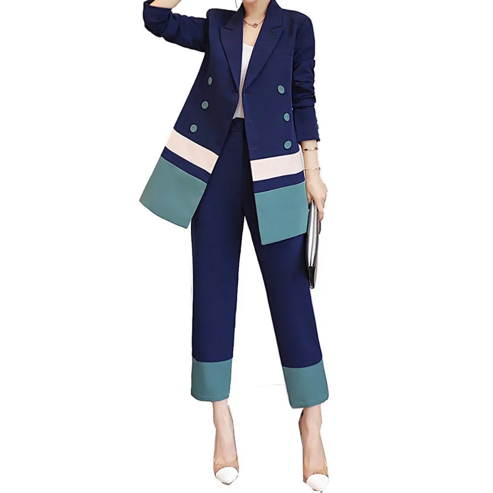 

JSXDHK Women Formal 2 Piece Set 2019 Runway Autumn Hit Color Pant Suit Formal Work Blazer Coat +Office Full Trouser Pant Suit