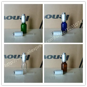 

15ml clear/blue/green/brown shiny Glass Bottle With aluminum matte silver press dropper cap. Oil vial, Essential Oil Container