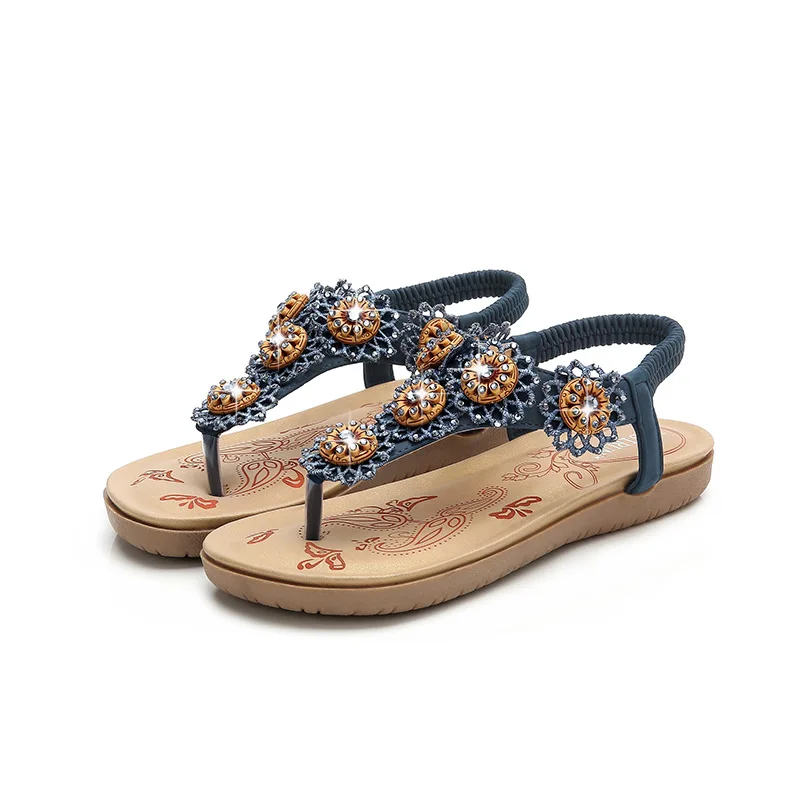 

2019 Women Summer Bohemia Flower Beads Flip-flop Shoes Flat Sandals Feminina Sandals