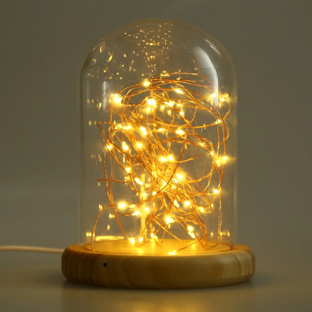 Hot Table Lamp Coffee Shop Table Light Glass Cover Wood Base USB LED Firework Line Light