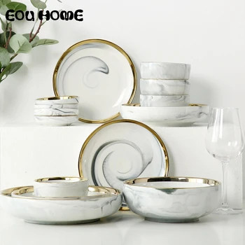 14pce/set Gold Lnlay Porcelain Dinnerware Sets Household Rice Soup Bowl and Dinner Plates Dessert Snack Plate for 4 People Use