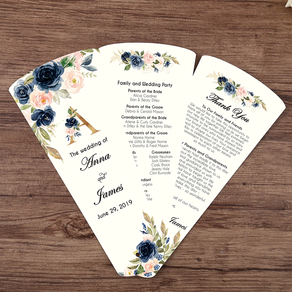

Wedding Program Petal Fans Assembled, Single page printing,set of 50,Customized printed,three pages